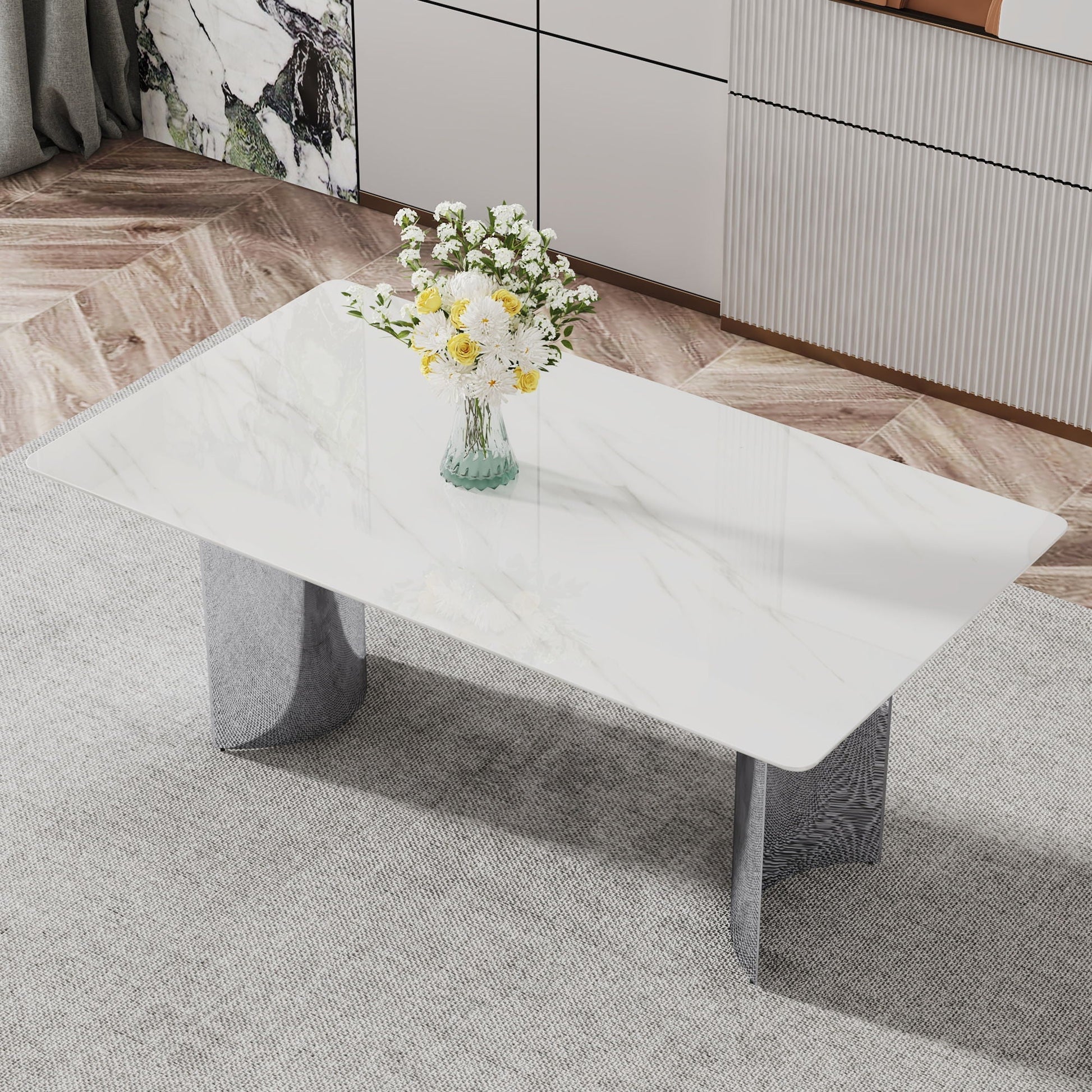 HouseOfZazla modern minimalist dining table with marble glass top and gray fabric legs on Tampa Home & Garden Store