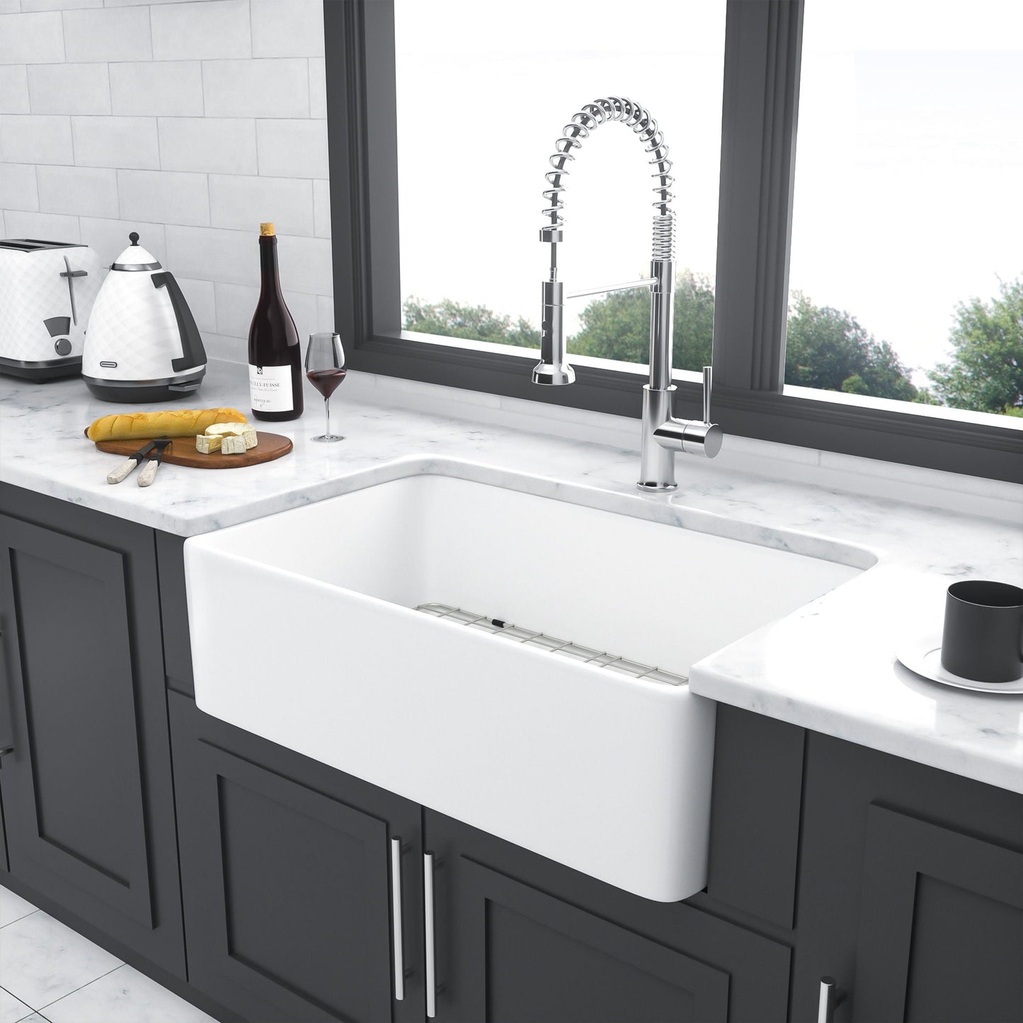Elegant farmhouse apron-front ceramic single-bowl kitchen sink with chrome faucet on marble countertop on Tampa Home & Garden Store