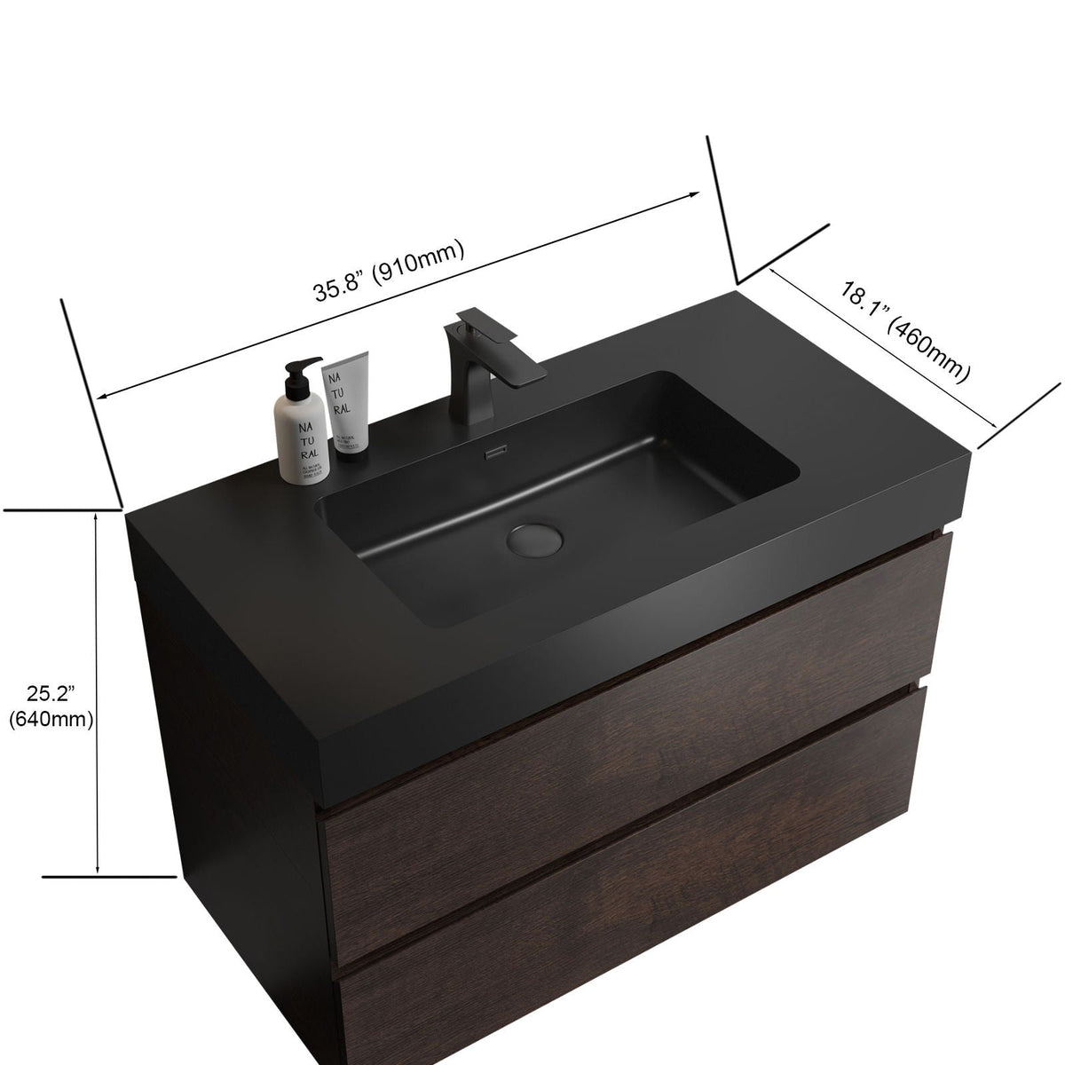 Alice wall-mounted vanity with integrated black sink and matte faucet; dark wood drawers on Tampa Home & Garden Store