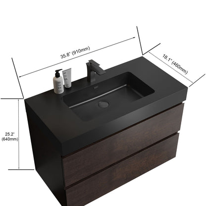Alice wall-mounted vanity with integrated black sink and matte faucet; dark wood drawers on Tampa Home & Garden Store