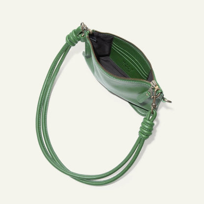 Turin Convertible Zip Pouch green Italian leather with knotted strap and brass zipper on Tampa Home & Garden Store
