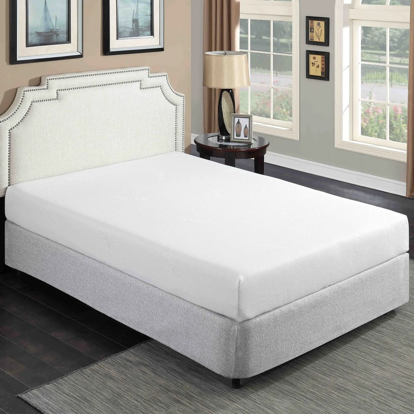 8-inch plush gel memory foam mattress with Aloe Vera cover on white upholstered bed by Unique Piece Furniture in a beige bedroom on Tampa Home & Garden Store