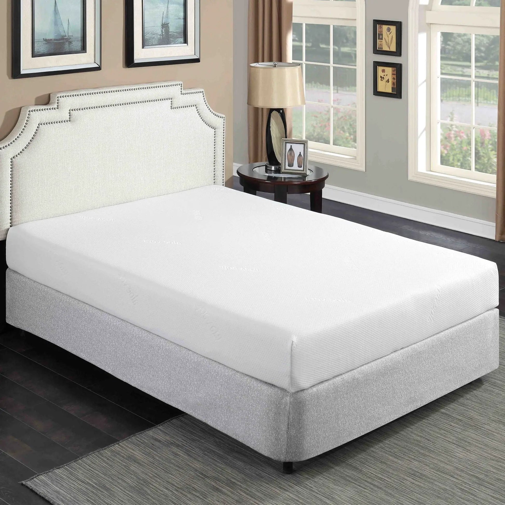 8-inch plush gel memory foam mattress with Aloe Vera cover on white upholstered bed by Unique Piece Furniture in a beige bedroom on Tampa Home & Garden Store