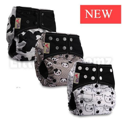 Stevvex cloth diaper pocket set, 3-pack with panda, camo, and cat-print designs; unisex snaps on Tampa Home & Garden Store