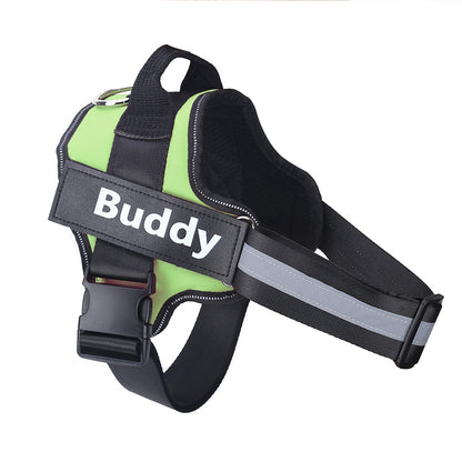 Personalized no-pull dog harness in bright green with black straps, Buddy patch on Tampa Home & Garden Store