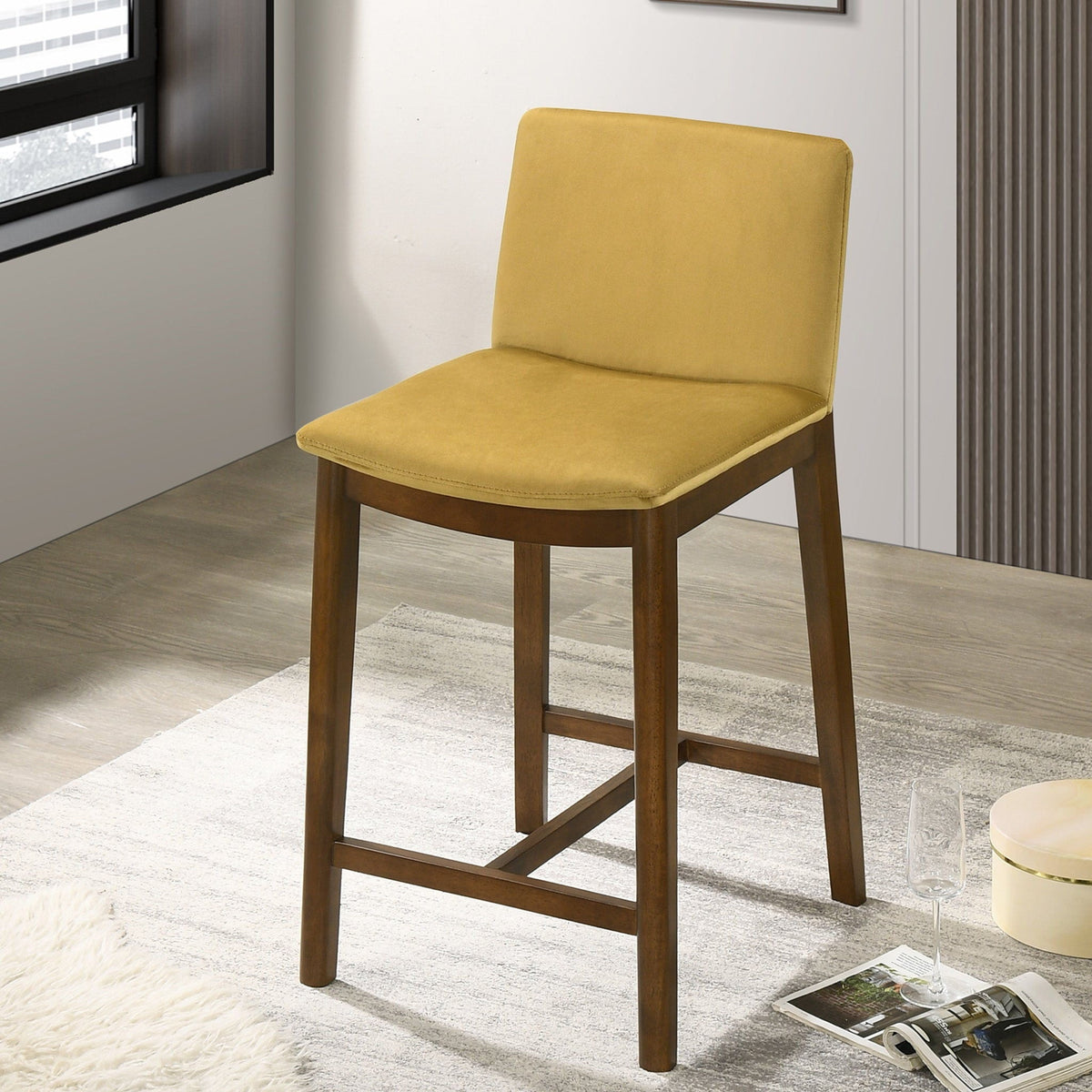 Mid-Century Counter Chair with full-back, yellow upholstery, wooden legs by HouseOfZazla on Tampa Home & Garden Store