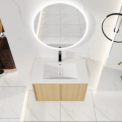 Floating bathroom vanity with white ceramic sink and light oak cabinet on Tampa Home & Garden Store