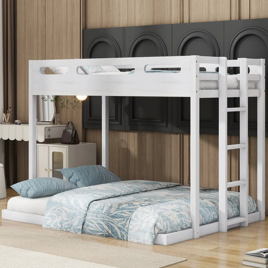 White twin over full bunk bed with built-in ladder and blue bedding against wood panel wall on Tampa Home & Garden Store