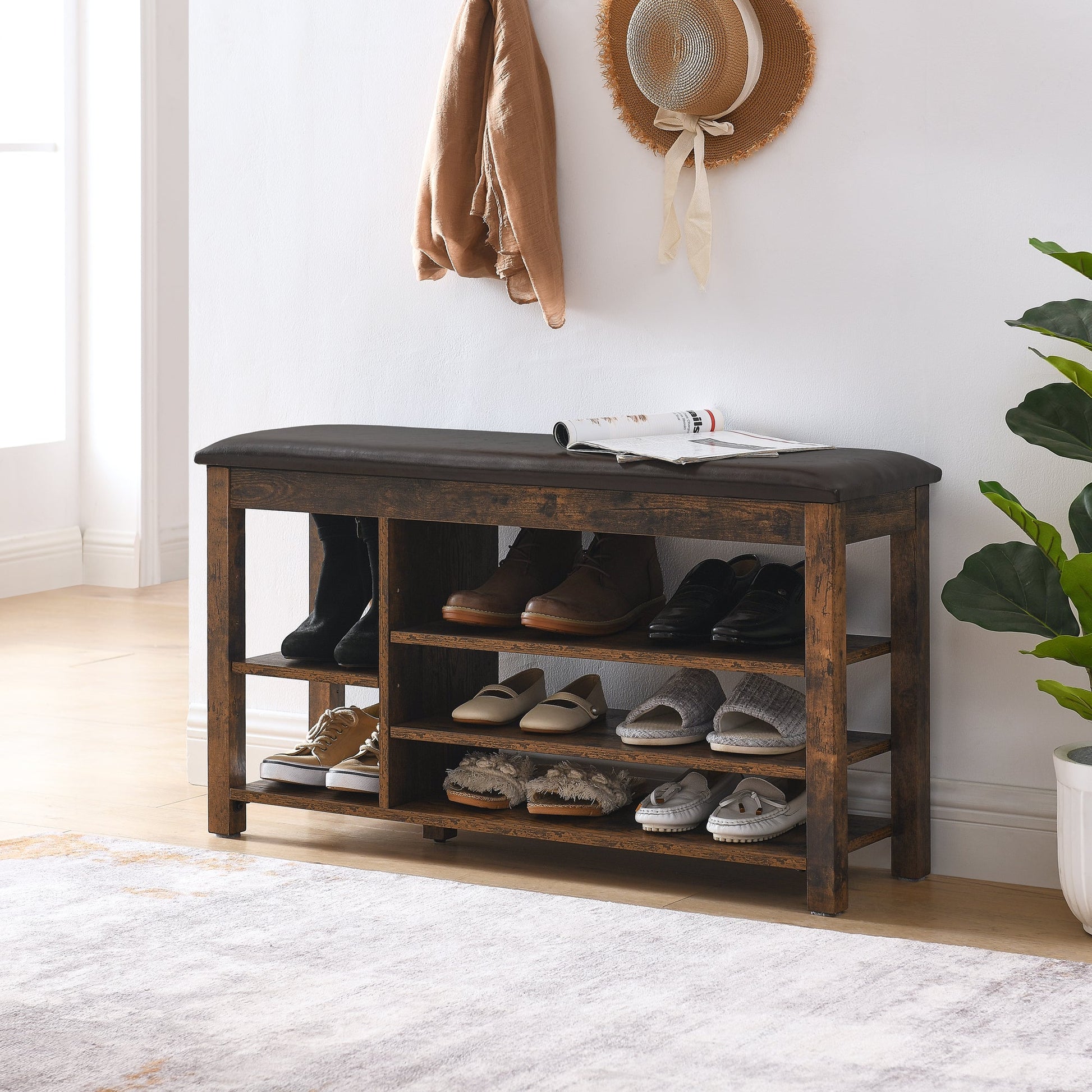 Height-Adjustable Shoe-Changing Bench by HouseOfZazla with dark wood and cushioned top on Tampa Home & Garden Store