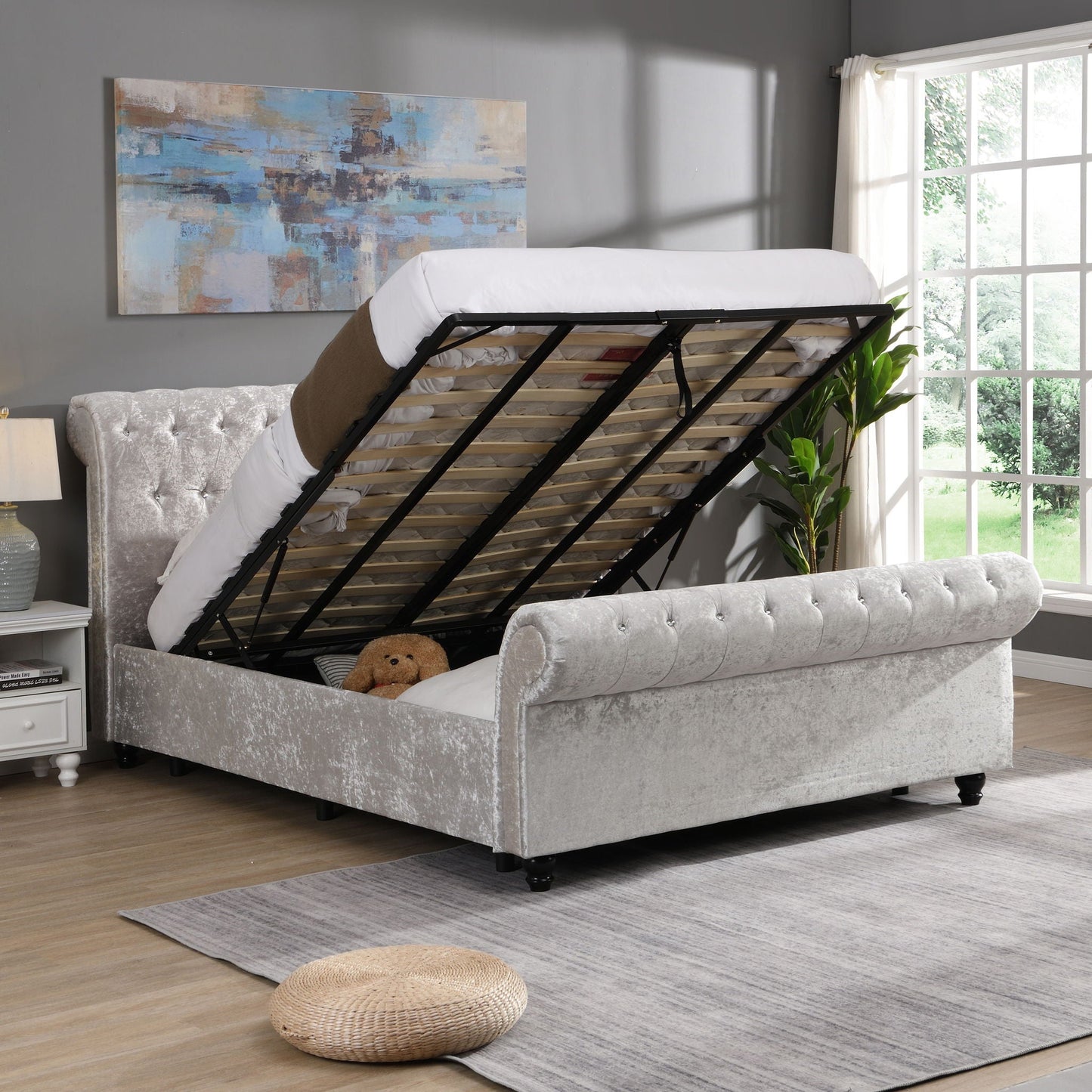 Hartfried queen size beige upholstered storage bed with lift mechanism HouseOfZazla on Tampa Home & Garden Store