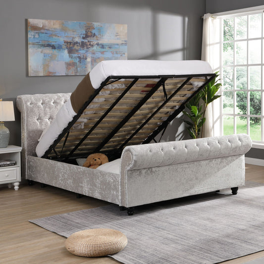 Hartfried queen size beige upholstered storage bed with lift mechanism HouseOfZazla on Tampa Home & Garden Store