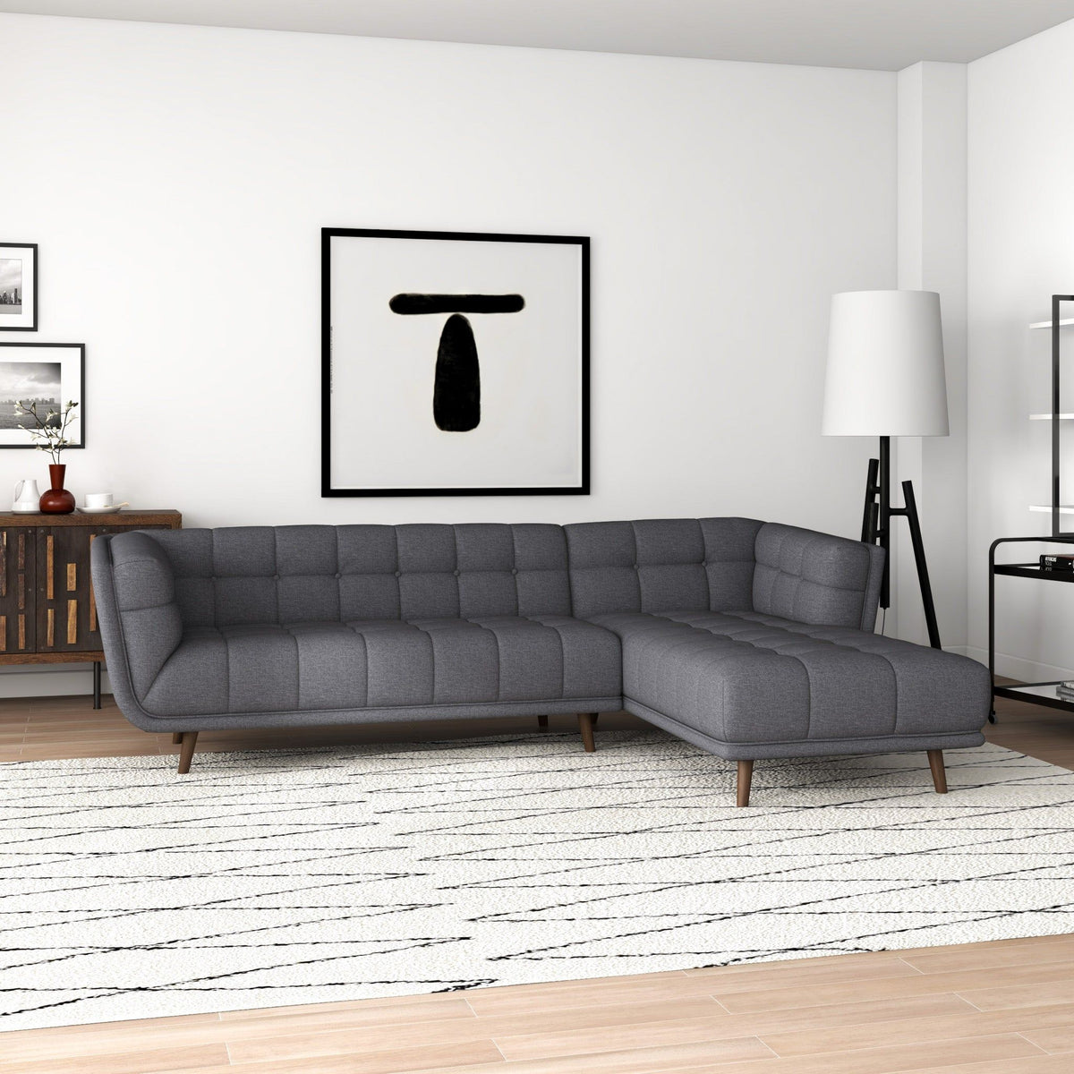 L-Shaped tufted sectional sofa dark gray fabric, mid-century modern design by HouseOfZazla Sofas on Tampa Home & Garden Store