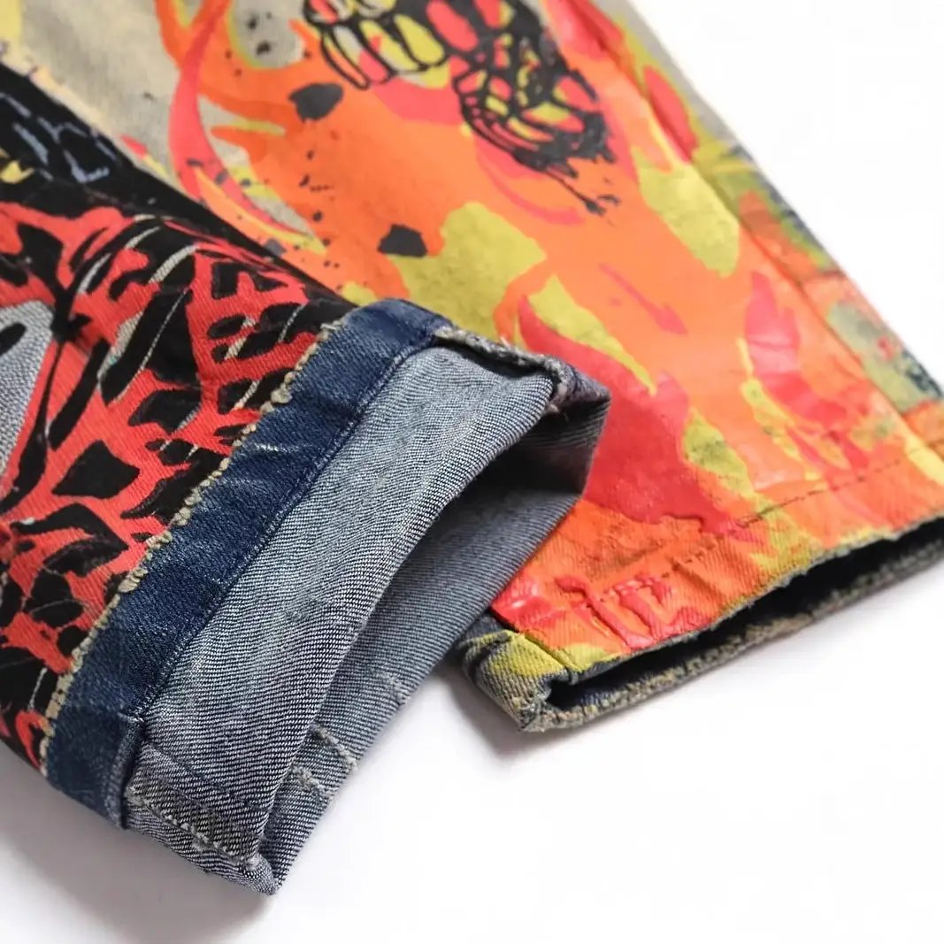Slim-fit stretch ripped embroidered patch jeans with colorful patchwork and rolled cuffs on Tampa Home & Garden Store