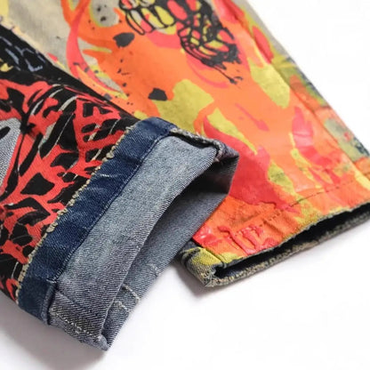 Slim-fit stretch ripped embroidered patch jeans with colorful patchwork and rolled cuffs on Tampa Home & Garden Store