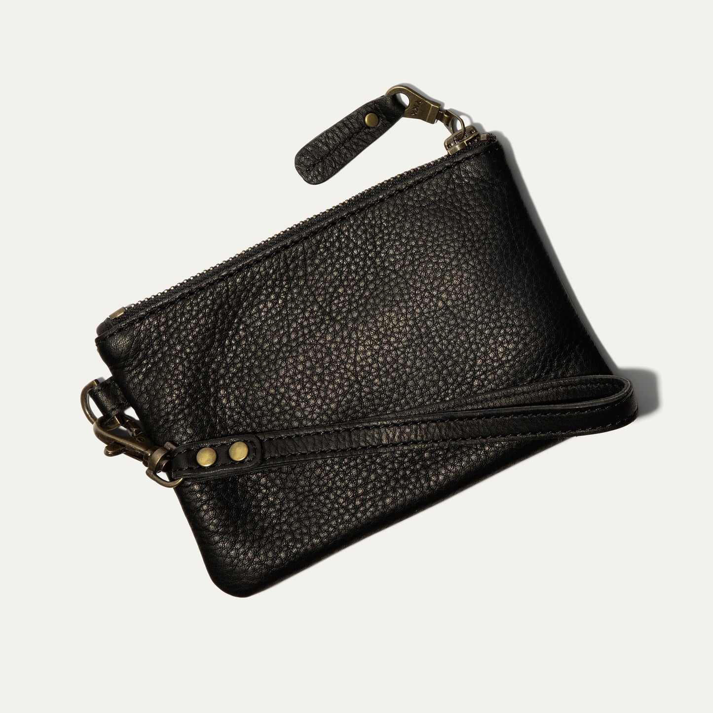 Zip Pouch Small W/ Wristlet by Will Leather Goods, black pebbled leather, brass hardware on Tampa Home & Garden Store