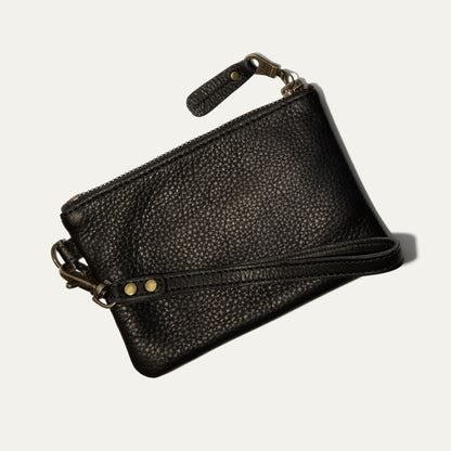 Zip Pouch Small W/ Wristlet by Will Leather Goods, black pebbled leather, brass hardware on Tampa Home & Garden Store