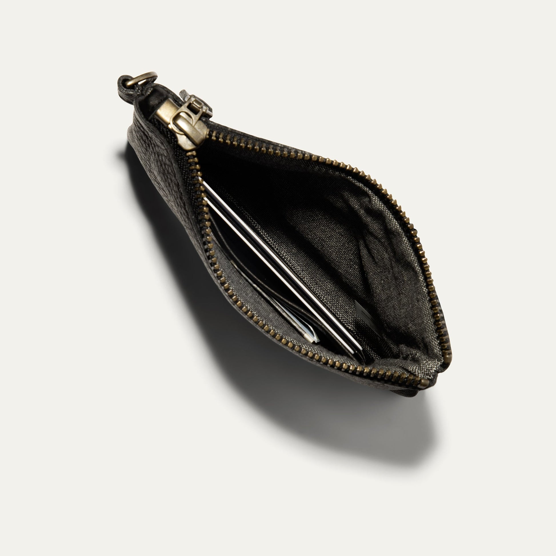 Zip Pouch Small W/ Wristlet by Will Leather Goods, black leather makeup bag with brass zipper on Tampa Home & Garden Store