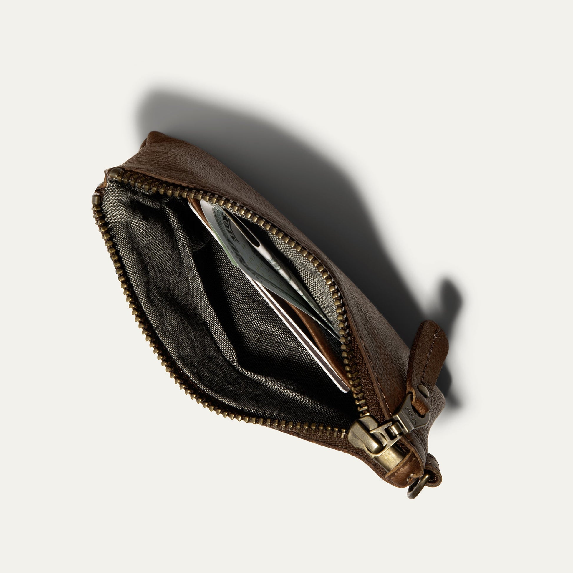 Will Leather Goods Zip Pouch Small with Wristlet in brown leather, brass zipper, fabric lining on Tampa Home & Garden Store