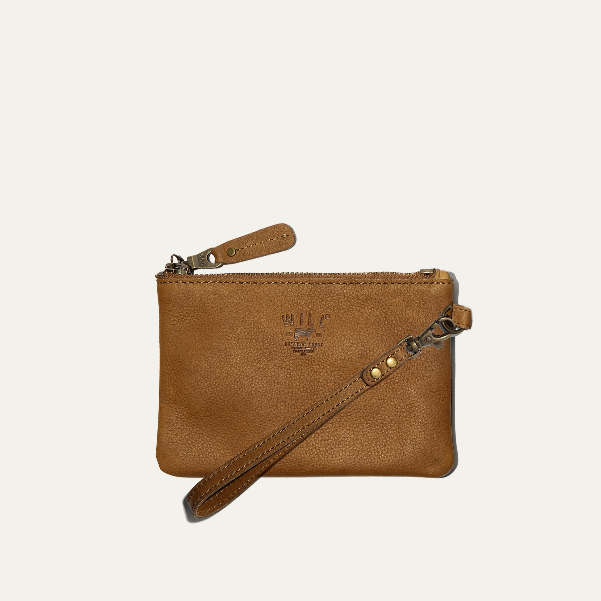Will Leather Goods Zip Pouch Small Wristlet makeup bag in tan pebbled leather with strap on Tampa Home & Garden Store