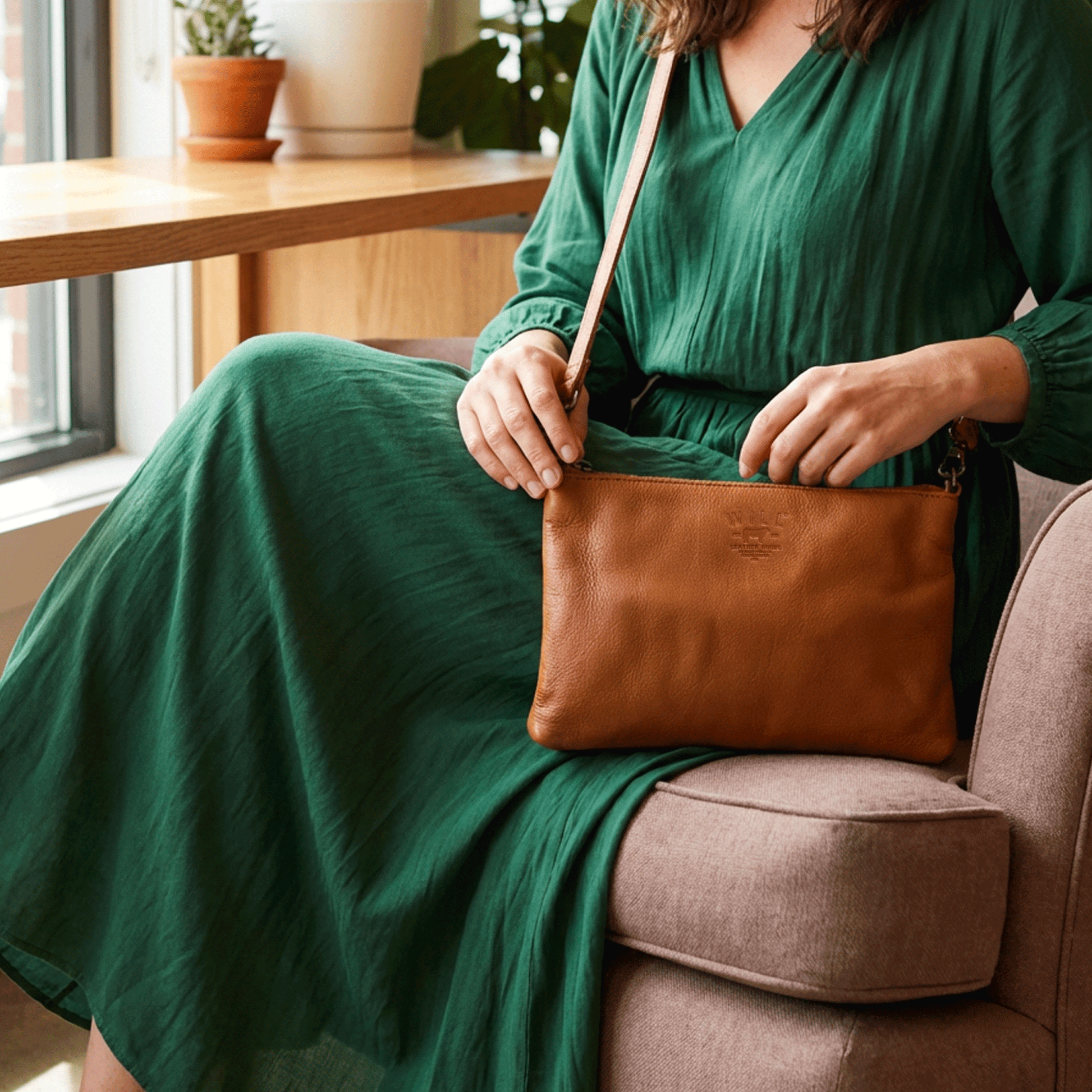 Zip Pouch Medium W/ Crossbody bag in tan leather with crossbody strap, Will Leather Goods on Tampa Home & Garden Store