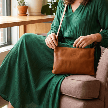 Zip Pouch Medium W/ Crossbody bag in tan leather with crossbody strap, Will Leather Goods on Tampa Home & Garden Store