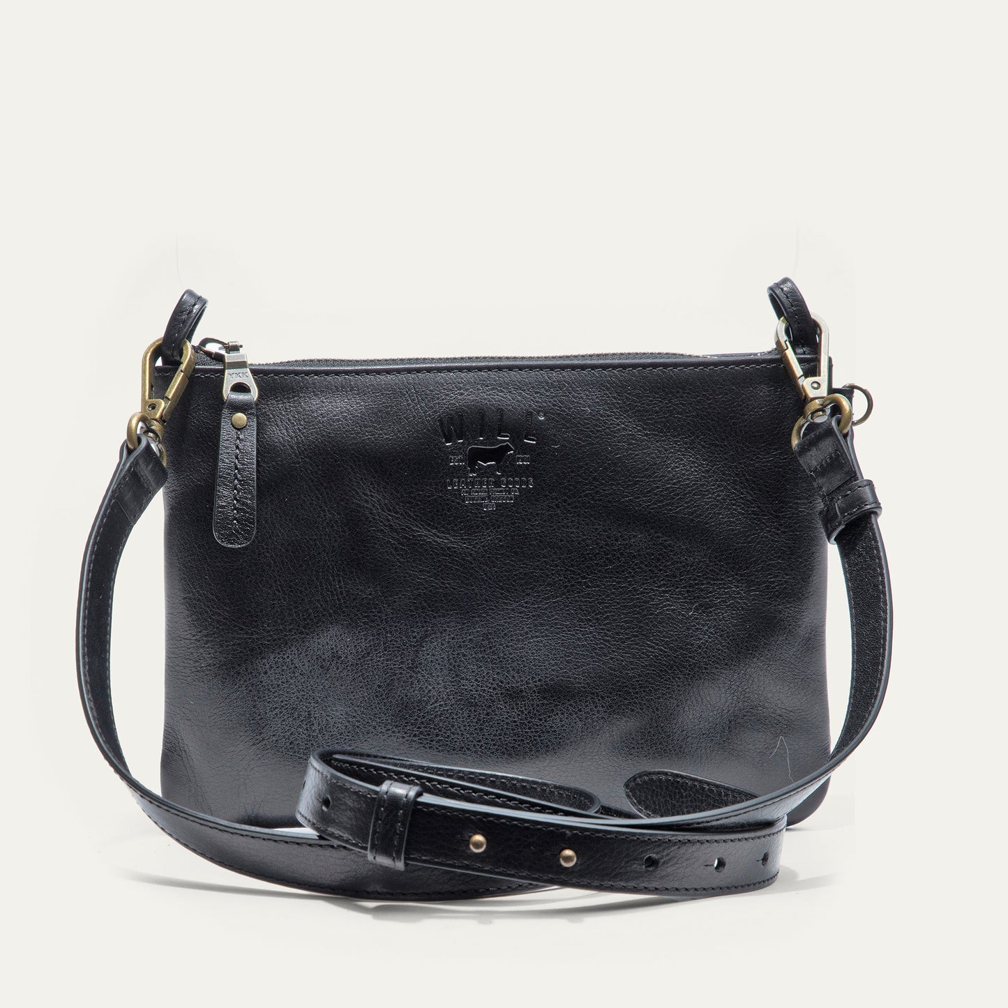 Will Leather Goods Zip Pouch Medium W/ Crossbody black leather bag with brass hardware on Tampa Home & Garden Store