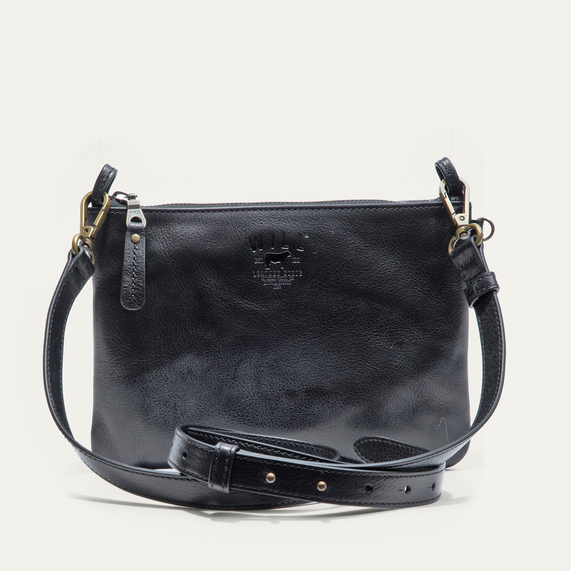 Will Leather Goods Zip Pouch Medium W/ Crossbody black leather bag with brass hardware on Tampa Home & Garden Store