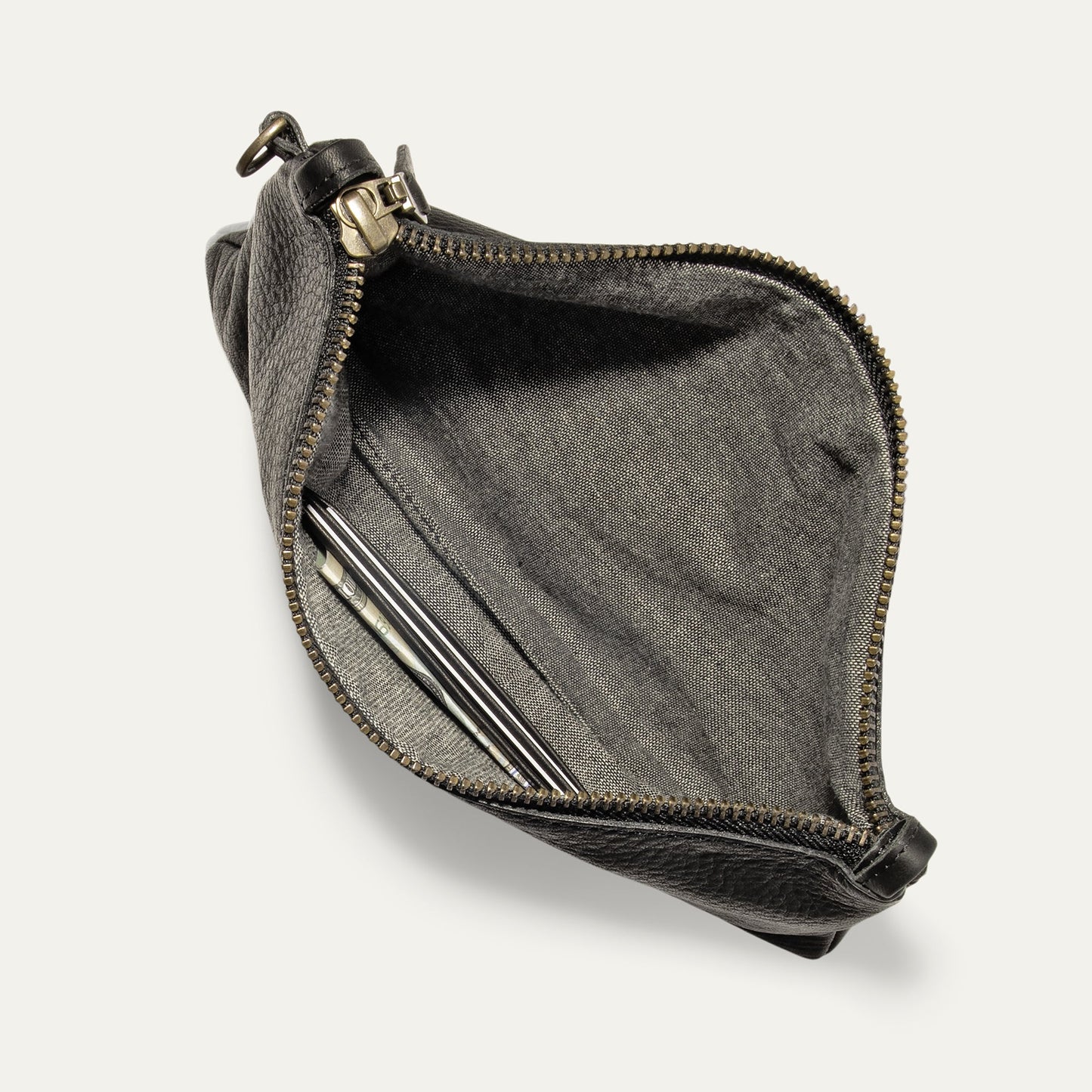 Zip Pouch Medium W/ Crossbody by Will Leather Goods, dark denim leather with brass zipper on Tampa Home & Garden Store