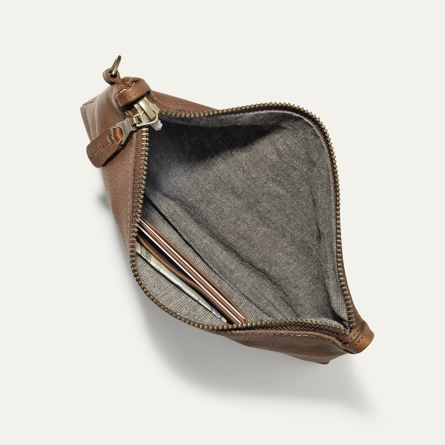Zip Pouch Medium W/ Crossbody by Will Leather Goods; brown leather exterior with denim interior on Tampa Home & Garden Store