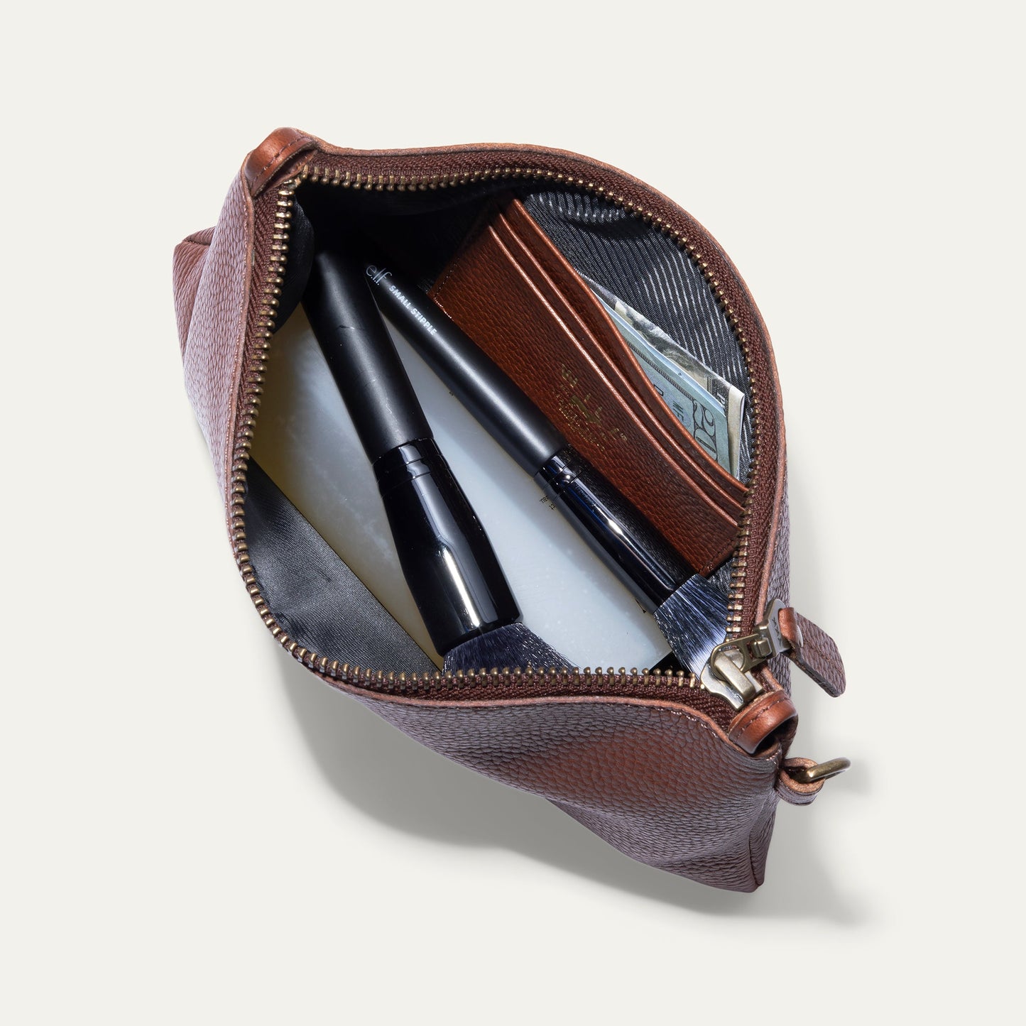 Zip Pouch W/ Crossbody by Will Leather Goods, brown pebbled leather with brass zipper on Tampa Home & Garden Store