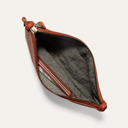 Zip Pouch Medium W/ Crossbody red leather Will Leather Goods, brass zipper, card slots, fabric lining on Tampa Home & Garden Store