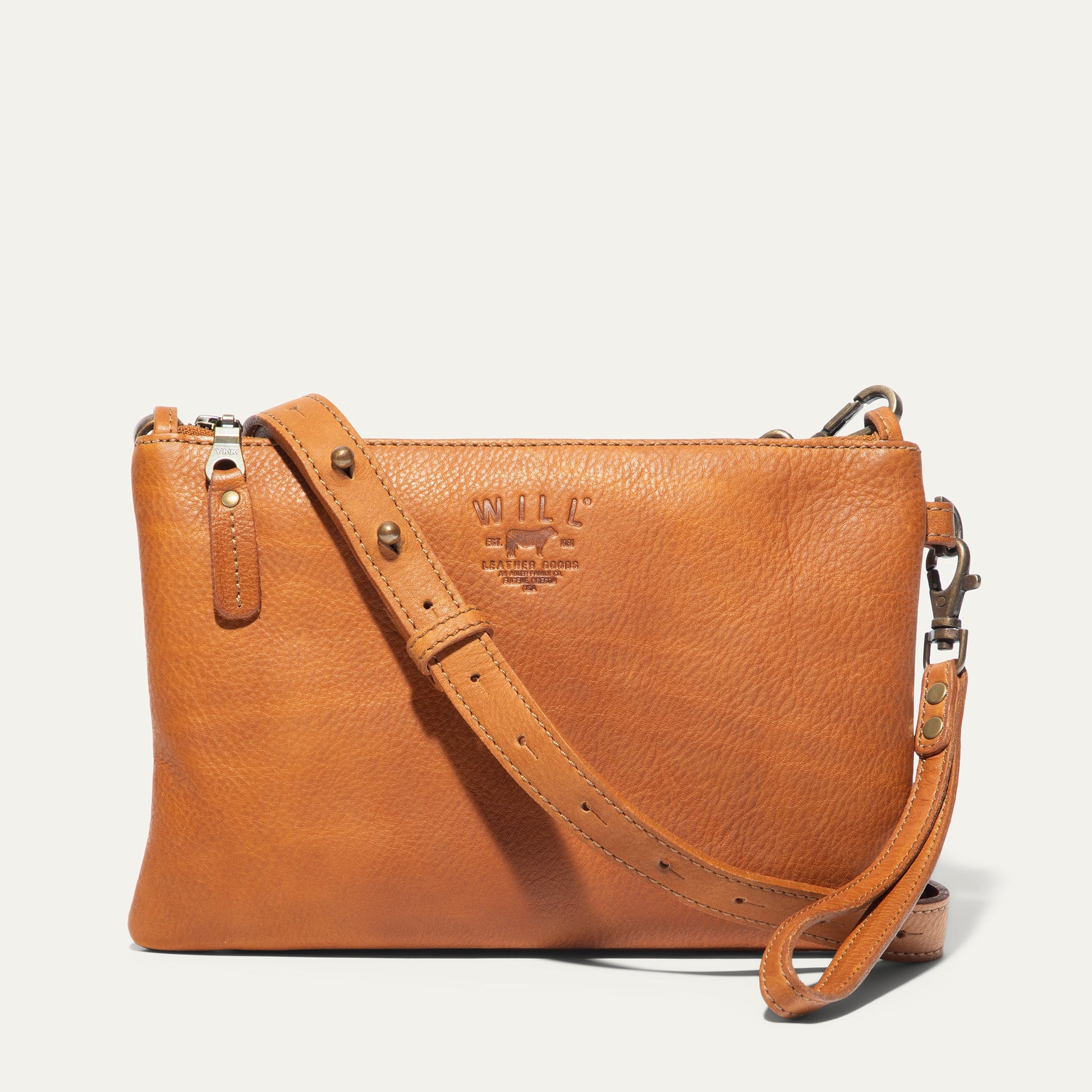 Zip Pouch Medium W/ Crossbody by Will Leather Goods; tan leather crossbody bag with hardware on Tampa Home & Garden Store