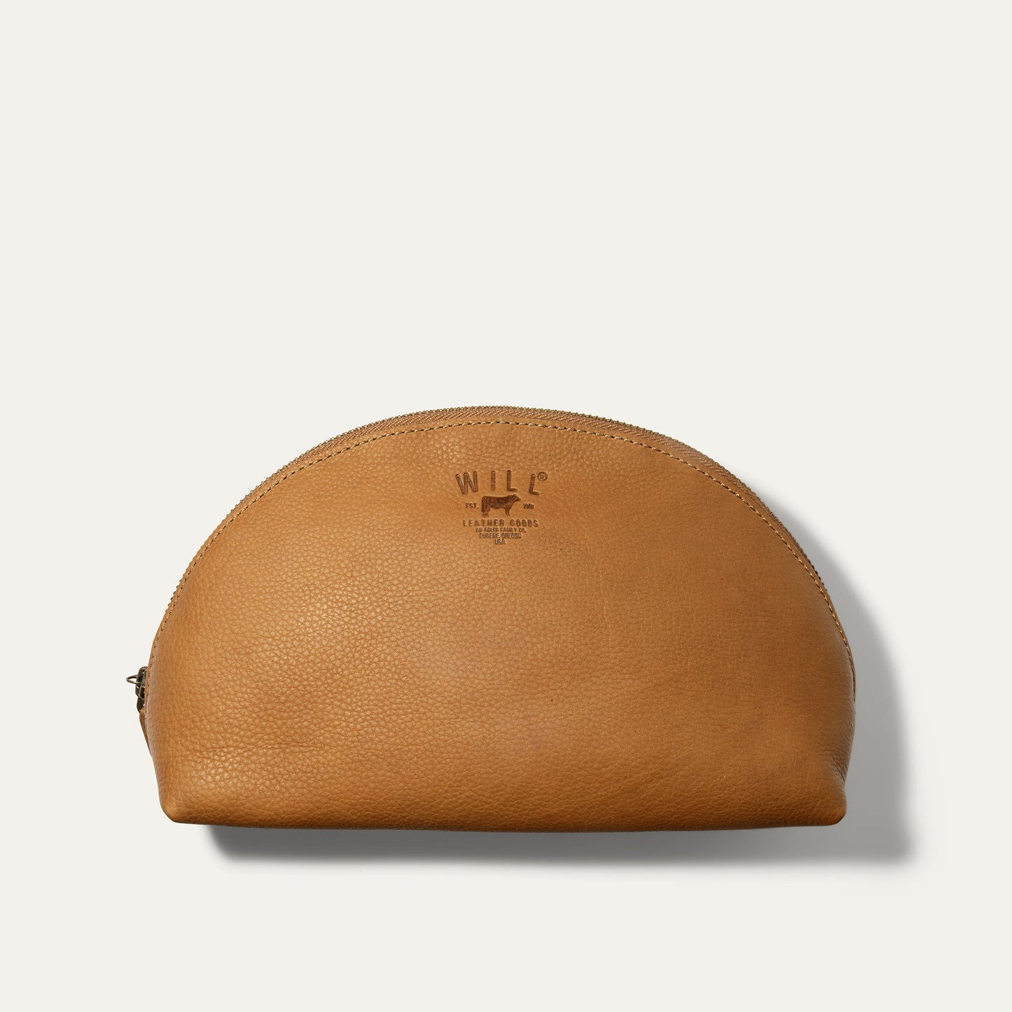 Zip Cosmetic bag by Will Leather Goods, tan pebbled leather, round clutch style on Tampa Home & Garden Store