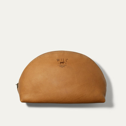 Zip Cosmetic bag by Will Leather Goods, tan pebbled leather, round clutch style on Tampa Home & Garden Store