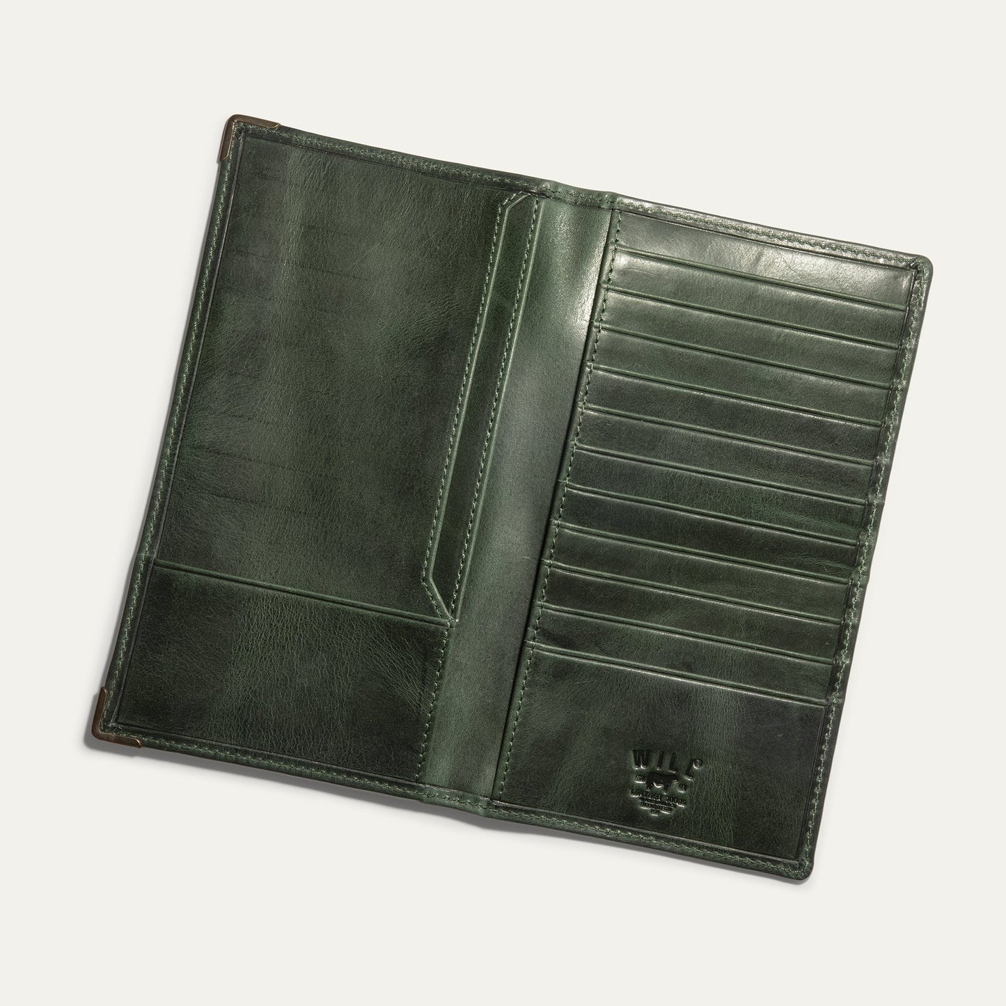 William Pocket Secretary Wallet by Will Leather Goods, green leather card case with card slots on Tampa Home & Garden Store