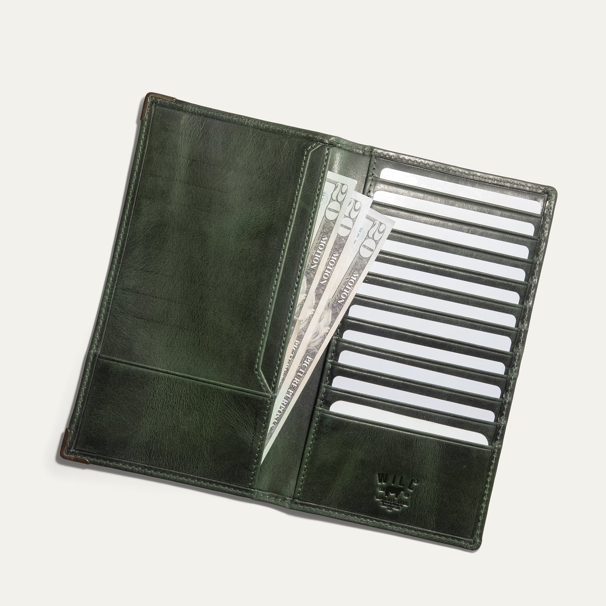 William Pocket Secretary Wallet green leather by Will Leather Goods with card slots on Tampa Home & Garden Store