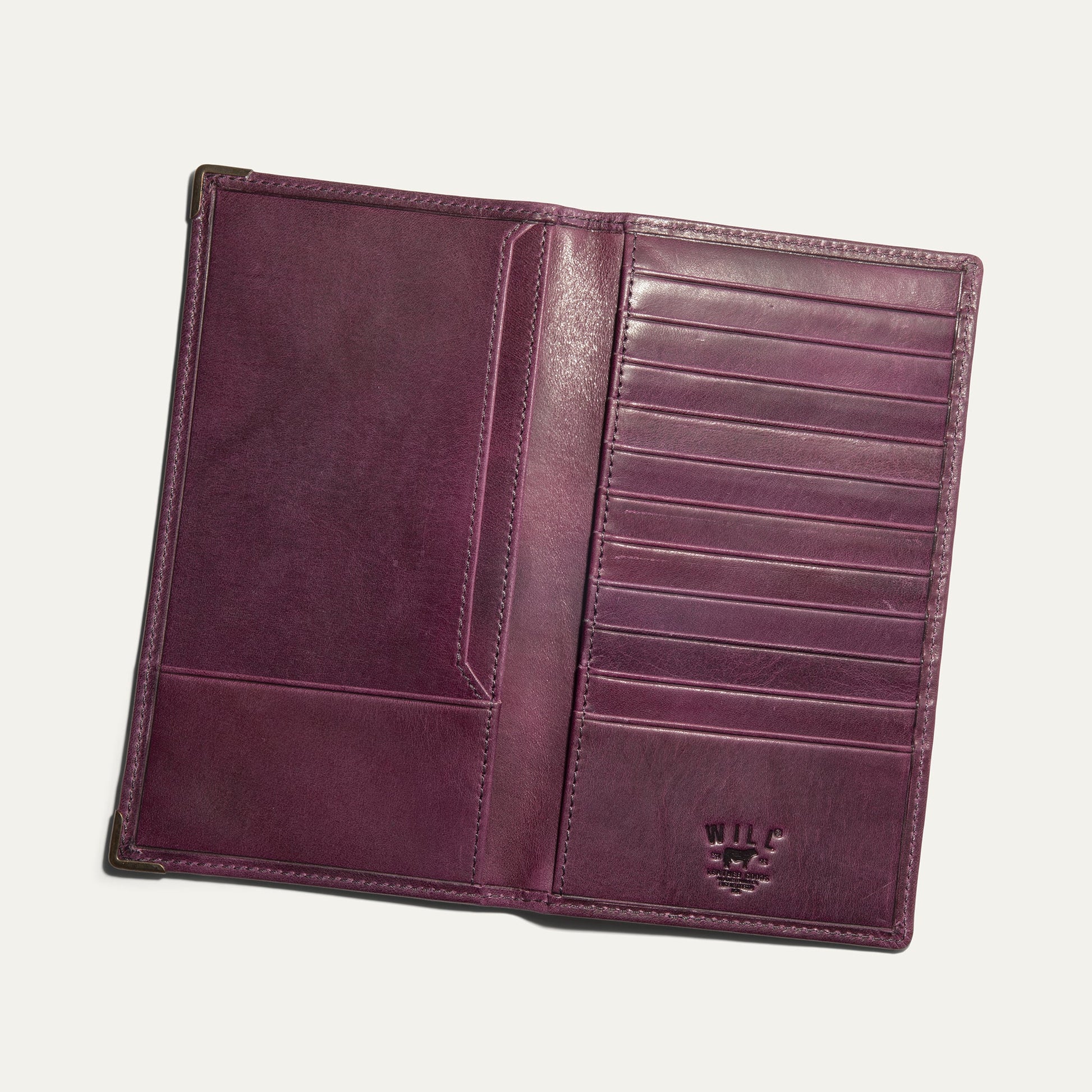 William Pocket Secretary Wallet by Will Leather Goods in purple leather with card slots on Tampa Home & Garden Store