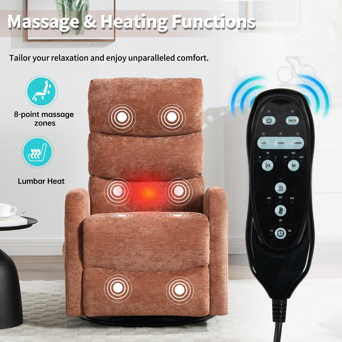 Heat Massage Manual Recliner Chair brown fabric with 8-point massage zones remote HouseOfZazla on Tampa Home & Garden Store