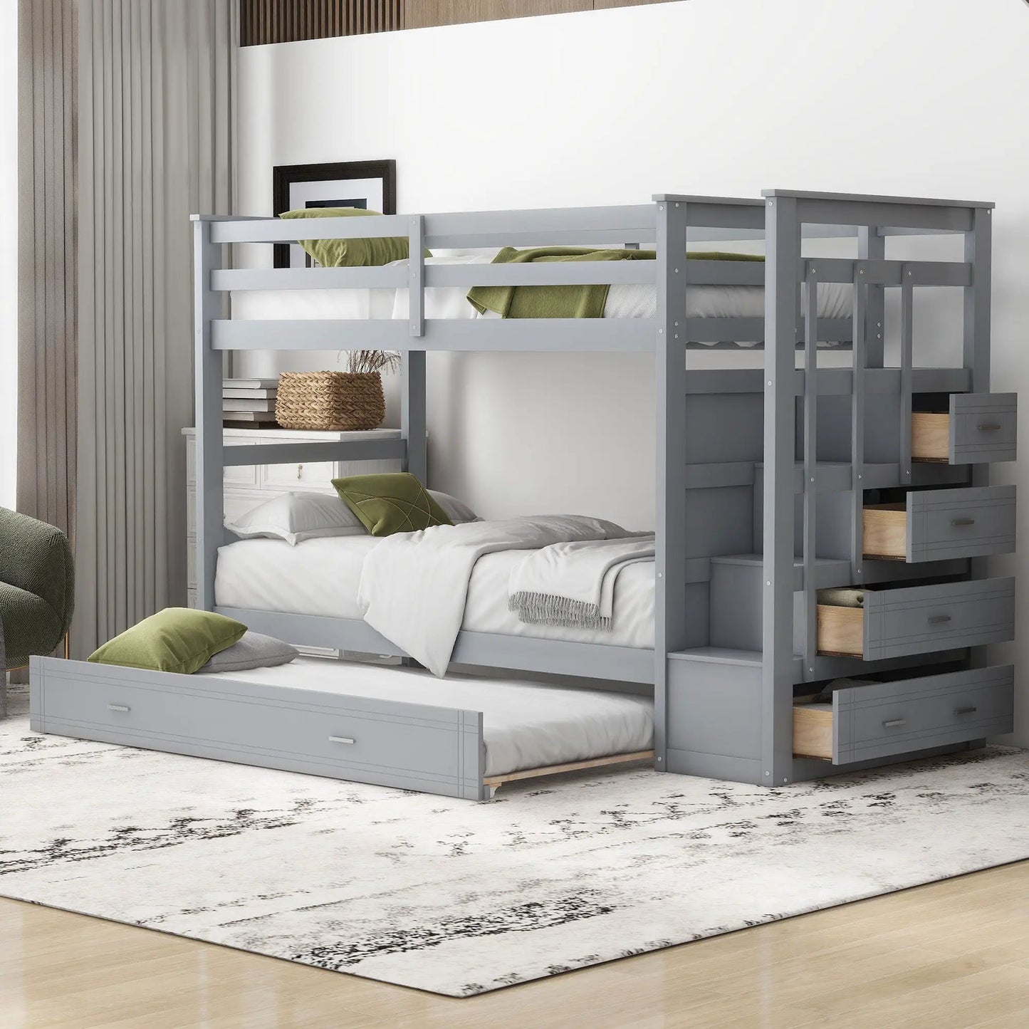 Bunk Bed With Trundle and Staircase Space Saving