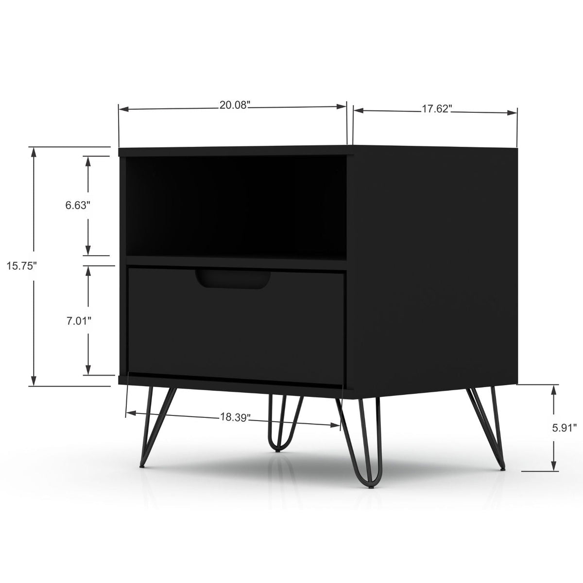 Rockefeller Nightstand with 1 drawer, black finish, splayed metal legs, HouseOfZazla on Tampa Home & Garden Store