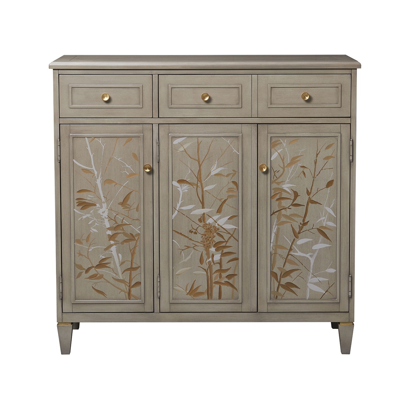 Dauphin handpainted entryway cabinet in gray cashmere with gold panels, 3 drawers and 3 doors on Tampa Home & Garden Store
