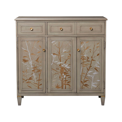 Dauphin handpainted entryway cabinet in gray cashmere with gold panels, 3 drawers and 3 doors on Tampa Home & Garden Store
