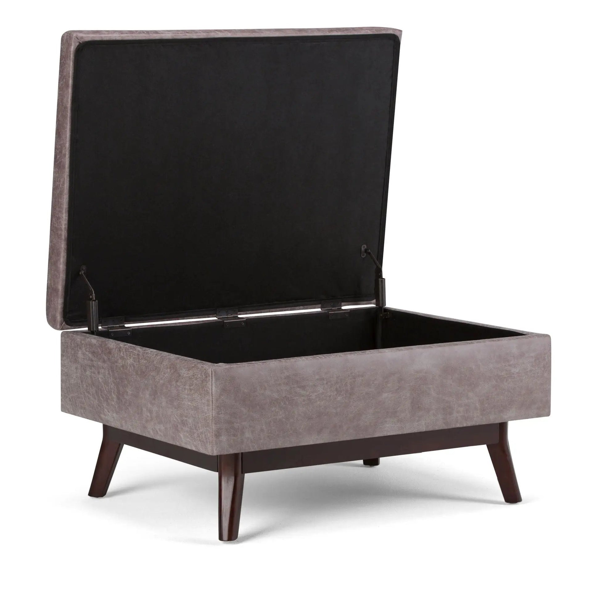 Owen Upholstered Rectangular Storage Ottoman in grey fabric with dark wood legs on Tampa Home & Garden Store