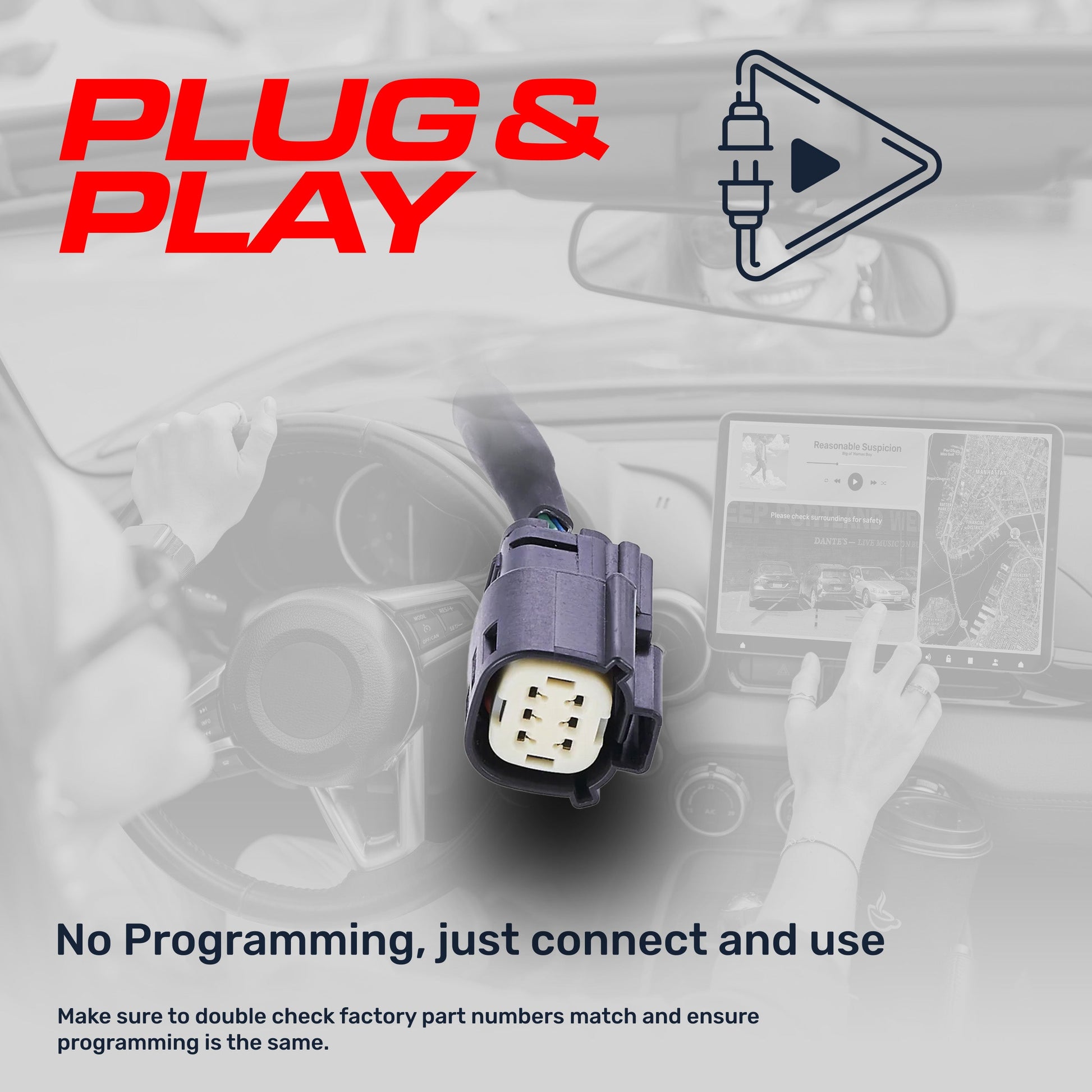 OEM backup camera plug-and-play harness with multi-pin connector in car cabin on Tampa Home & Garden Store