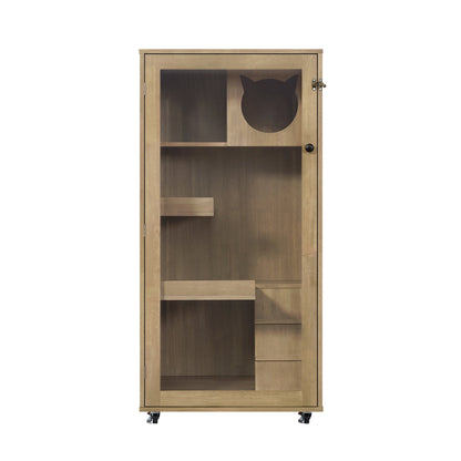 Basia Rubber Wood Cat Cabinet with Wheels by HouseOfZazla, glass door with cat silhouette on Tampa Home & Garden Store