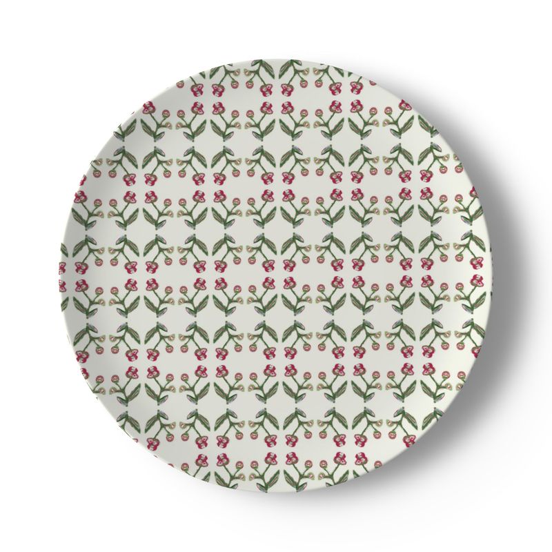 Antonia Holiday Berry china plate with green stems and pink berries by Erin Donahue Tice on Tampa Home & Garden Store