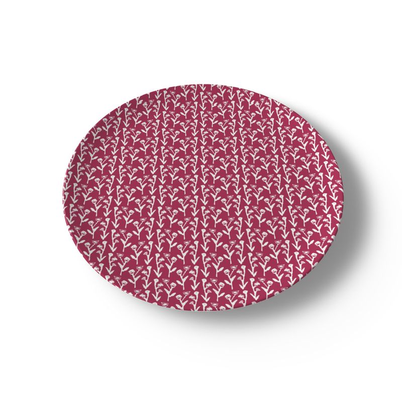 China plate cranberry ivy manor pattern in magenta with white vines by Erin Donahue Tice on Tampa Home & Garden Store