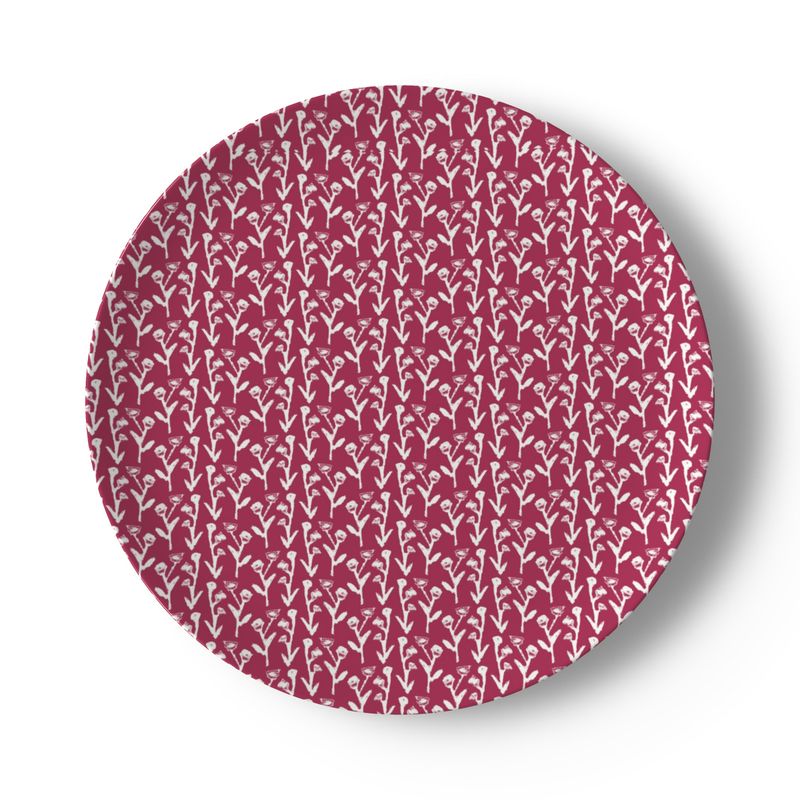 China plate Cranberry Ivy Manor pattern in magenta with white vines on Tampa Home & Garden Store
