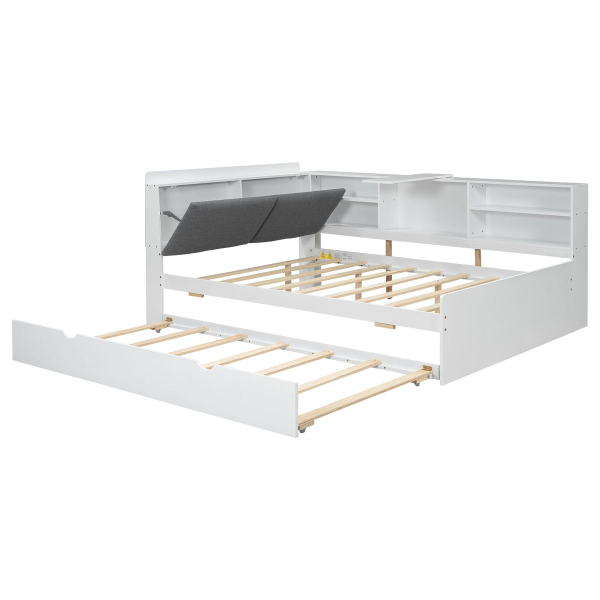 Platform bed with trundle and storage headboard, white finish, shelving by HouseOfZazla on Tampa Home & Garden Store