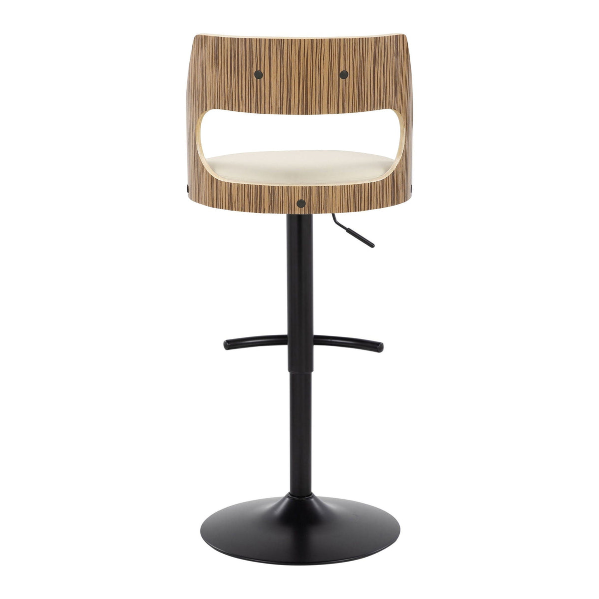 Cecina contemporary adjustable swivel barstool pair with wood veneer back, beige cushioned seat on Tampa Home & Garden Store